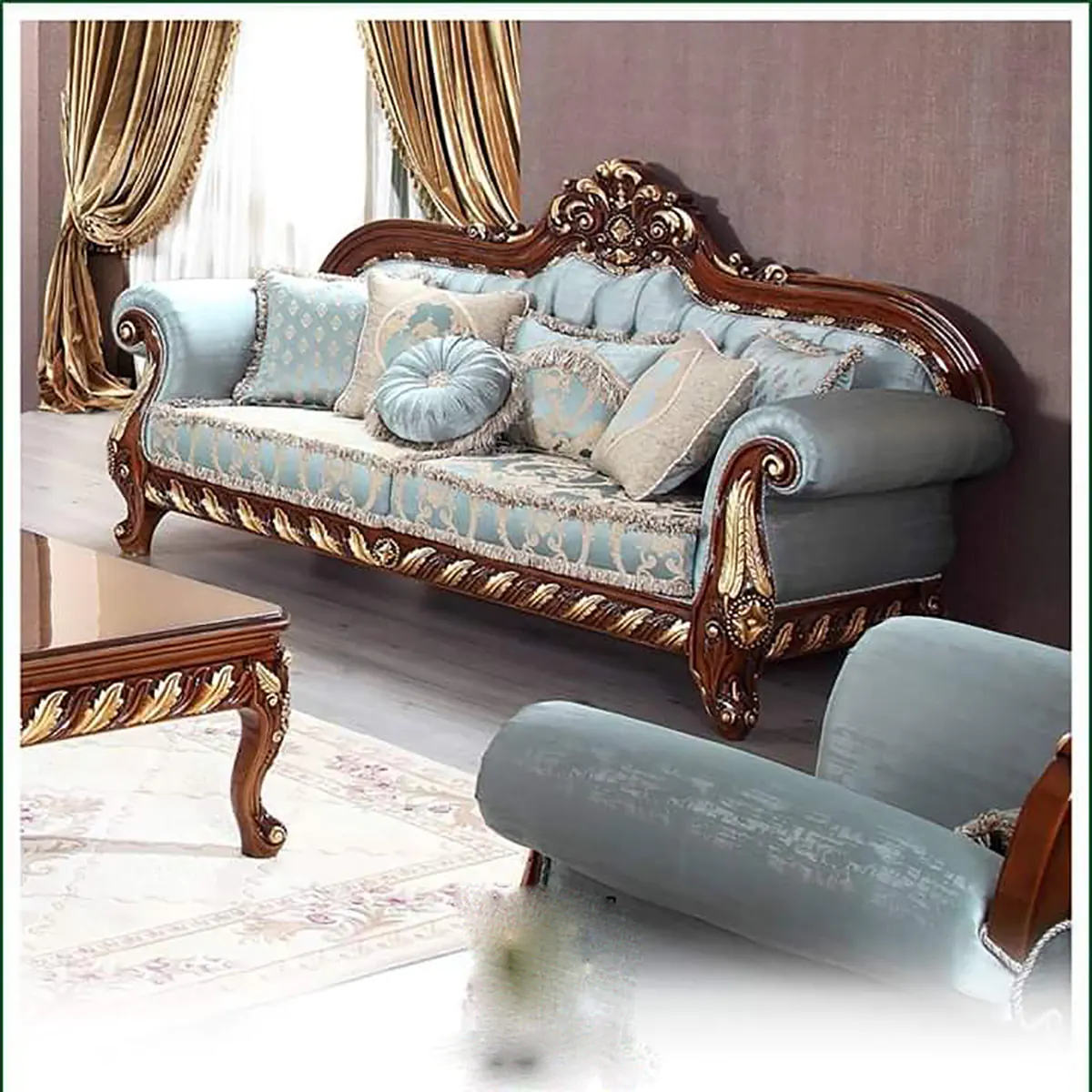 مبل استیل مخمل آبی با قاب چوبی تیره
