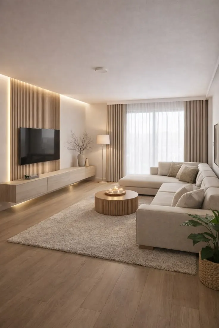 مبل ال شکل بژ روبروی دیوار تلویزیون مدرن