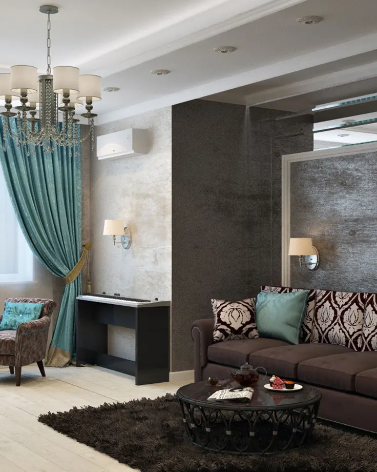 پرده کلاسیک مخمل فیروزهای با گره ساده در پذیرایی