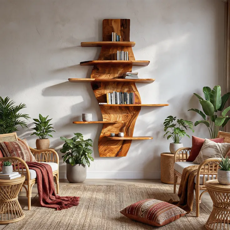 کتابخانه دیواری چوب طبیعی در نشیمن