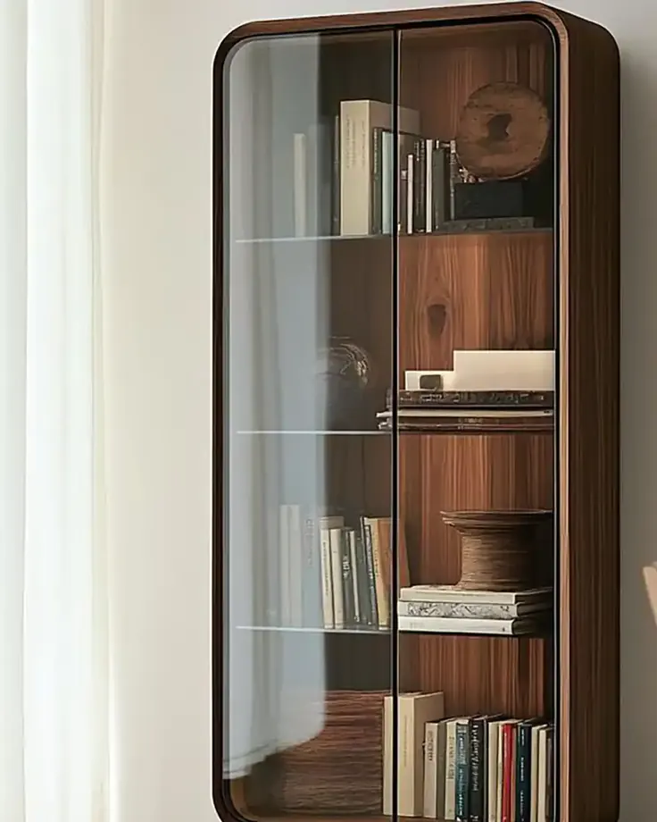 کتابخانه بلند چوبی با در شیشه‌ای