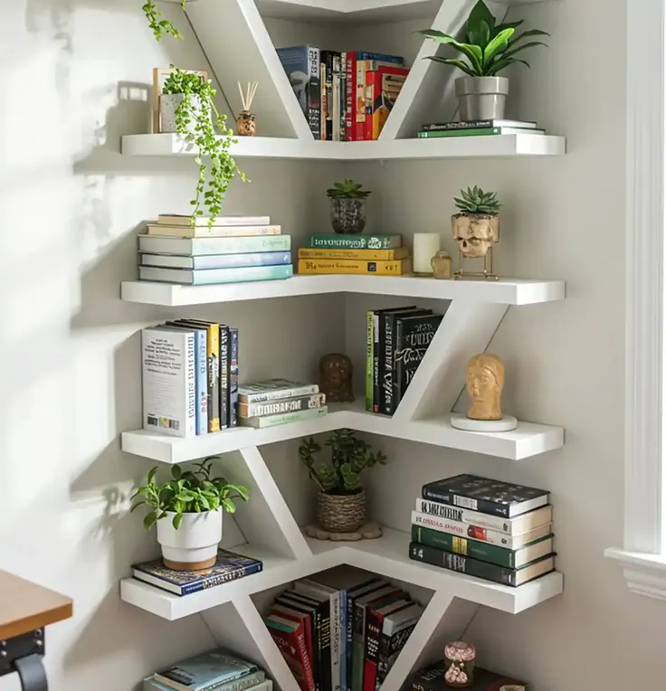کتابخانه دیواری گوشه‌ای سفید