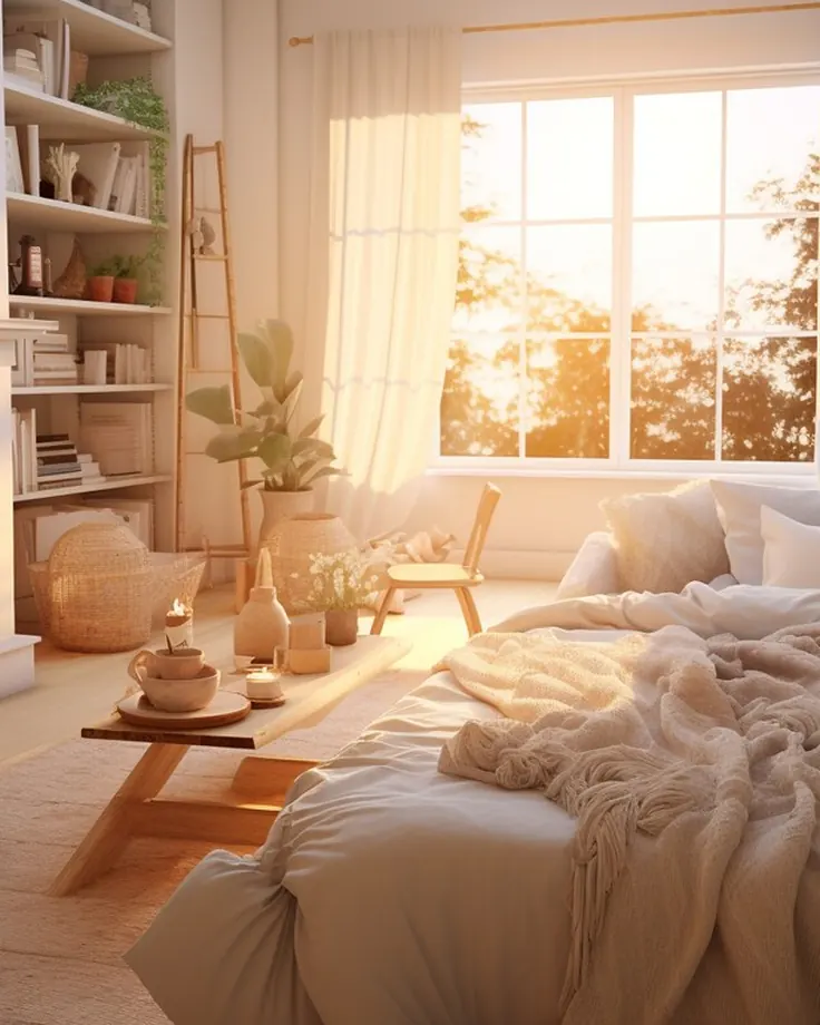 گوشه دنج با قفسه و نور گرم برای اتاق دخترانه